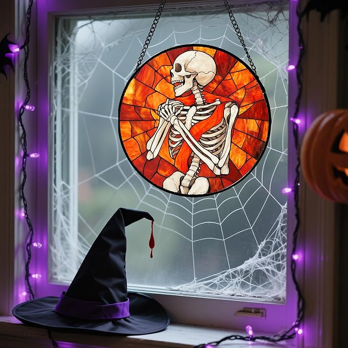 Stained Glass Window Hanging - Halloween Decorations Fear Skeleton Suncatcher for Doors Garden Indoor Spooky Funny Sun Catchers Gothic Decor Horror Gifts for Women Men Friend 6.3 in