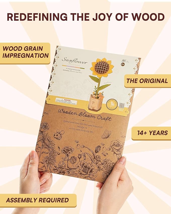 3D Flower Wooden Puzzles for Adults-Sunflower, DIY Wooden Flowers Model Kit Building Set Crafts for Adults to Build, Botanical Collection/Ideal Creative Gift Ideas/Housewarming (86PCS)