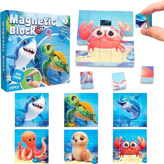 Magnetic Blocks Building Toy,Ritastar 25pcs Mine Stacking Magnet Build Cubes Cartoon Pattern World,STEM Sensory Construction Toys for Kids Gift,Educational Jigsaw Puzzle Set with 3D Sea Animal Designs