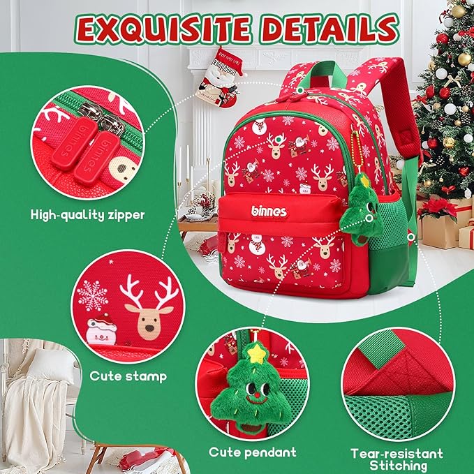 Kids Christmas Backpack Holiday School Bag with Santa & Reindeer Print, Lightweight Durable Bookbag with Plush Keychain Gift for Boys Girls