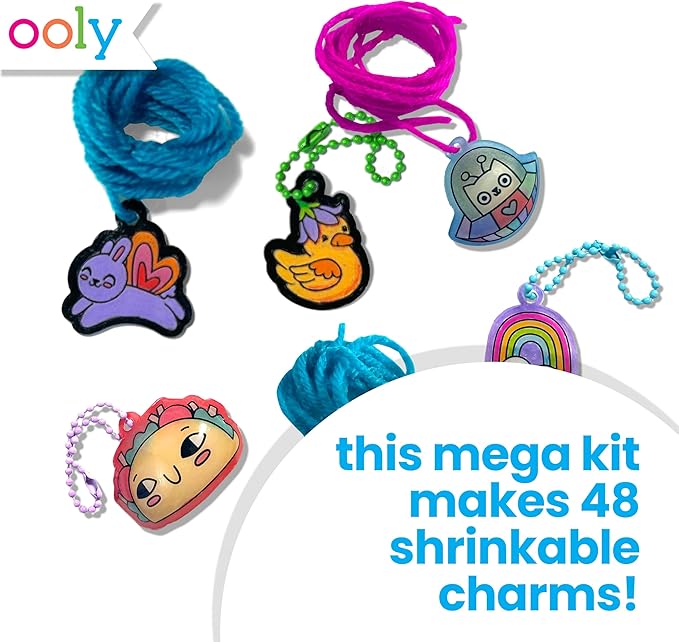 Ooly Shrink-Its 74 PC DIY Shrinking Art Kit with 8 Paint Markers, Includes 48 Plastic Pre Cut Charms, 15 Colored Ball Chains and 2 Colored Cords