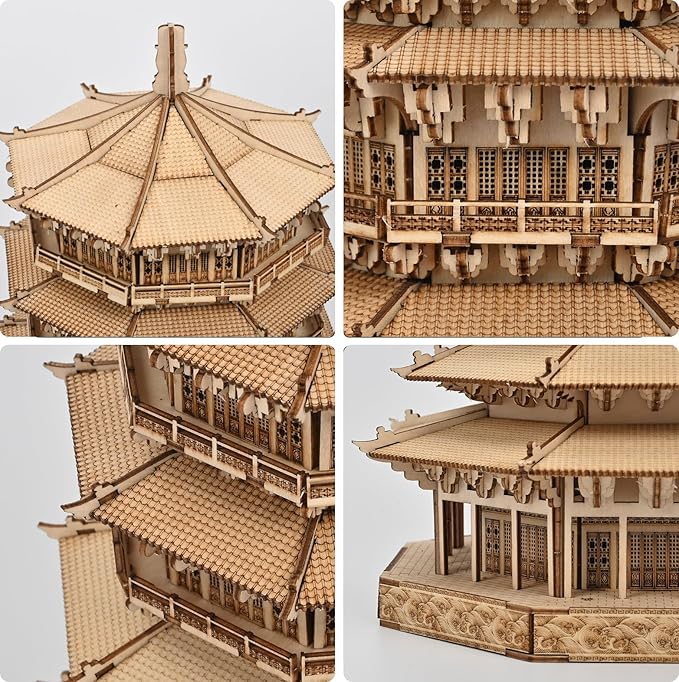 3D Wooden Puzzles for Adults - Wooden Pagoda 3D Puzzle, Creative Crafts for Adults, Birthday Christmas Party Favors, Home Decor Gift - Six-Storied Pagoda with LED Light (1287pcs)