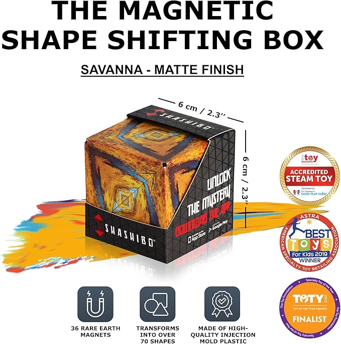SHASHIBO Shape Shifting Box - Award-Winning Fidget Toy w/ 36 Rare Earth Magnets - Fidget Cube Transforms Into Over 70 Shapes, Sensory Toy Gift for Kids, Teens, and Adults (Wild Series - Savannah)