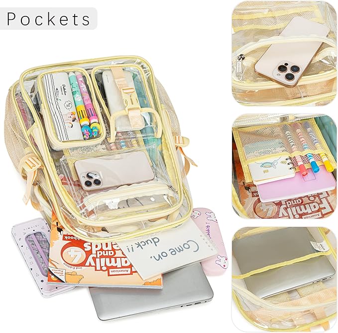 abshoo Large Clear Backpack For Girls Women School Bookbag Heavy Duty Transparent Backpack (Light Yellow)