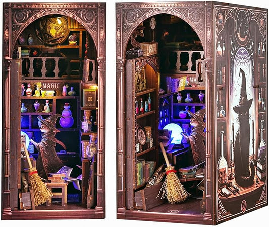 Magic Wizard Cat 3D Book Nook Kit, DIY Miniature House Booknook Dollhouse Kit for Adults and Teens, 3D Wooden Puzzle Bookend Bookshelf Insert Decor, Mini Magic House Model Build Gift