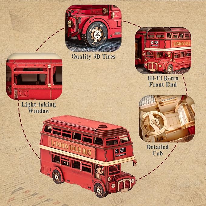 rowood 3D Puzzles for Adults,DIY Bus Toy Wooden Model Kit Building Set,Birthday/Christmas Gift for Adults-London Bus