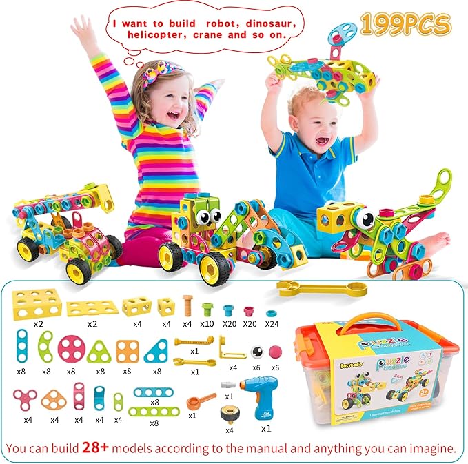 199PCS Building Blocks STEM Toys for 3 4 5 6 7 8+ Year Old Boy Girl Birthday Gifts Preschool Educational Building Toys for Kids Ages 3-5 4-8 5-7 6-8 Erector Sets Stem Kits Activities Creative Games