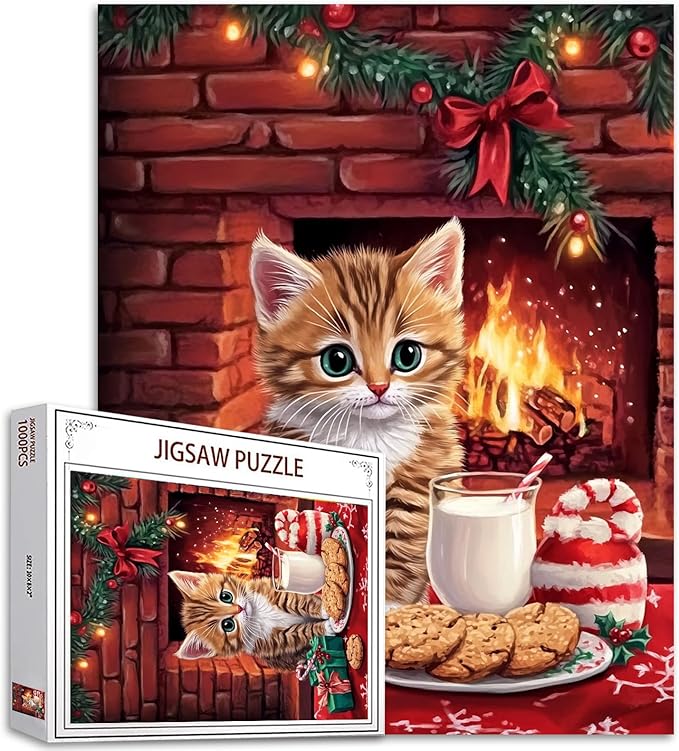 Cute Cat 1000 Piece Jigsaw Puzzles for Adults Merry Christmas Painting Jigsaw Puzzle Fireplace 1000 Pieces Puzzles Game Living Room Wall Decor DIY Craft Animal/Wildlife Puzzle Art Gift(Colorful)