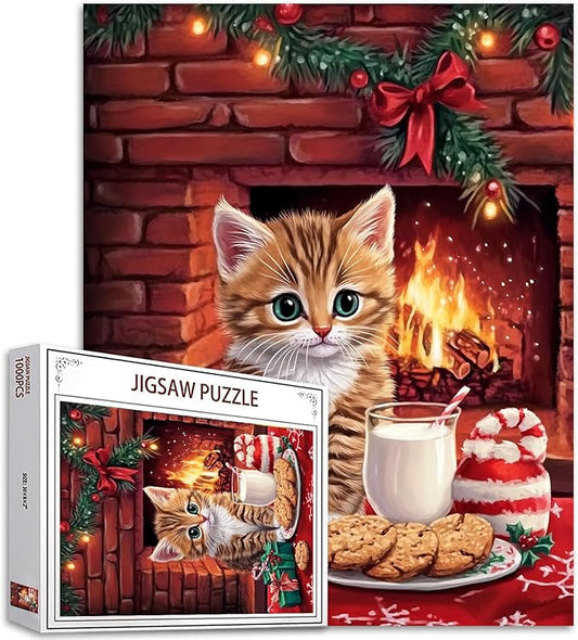 Cute Cat 1000 Piece Jigsaw Puzzles for Adults Merry Christmas Painting Jigsaw Puzzle Fireplace 1000 Pieces Puzzles Game Living Room Wall Decor DIY Craft Animal/Wildlife Puzzle Art Gift(Colorful)