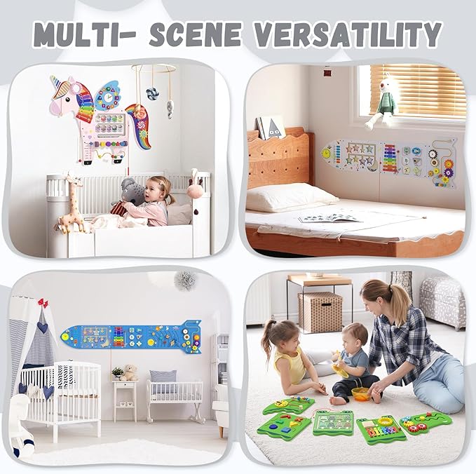 Rocket Activity Wall Busy Board Panels - Sensory Wall Panel for Kids, Montessori Toddler Wall Activity Board, Wall Toys for Toddlers 3, Activity Cube, Wooden Boards, White Grey(4PCS)