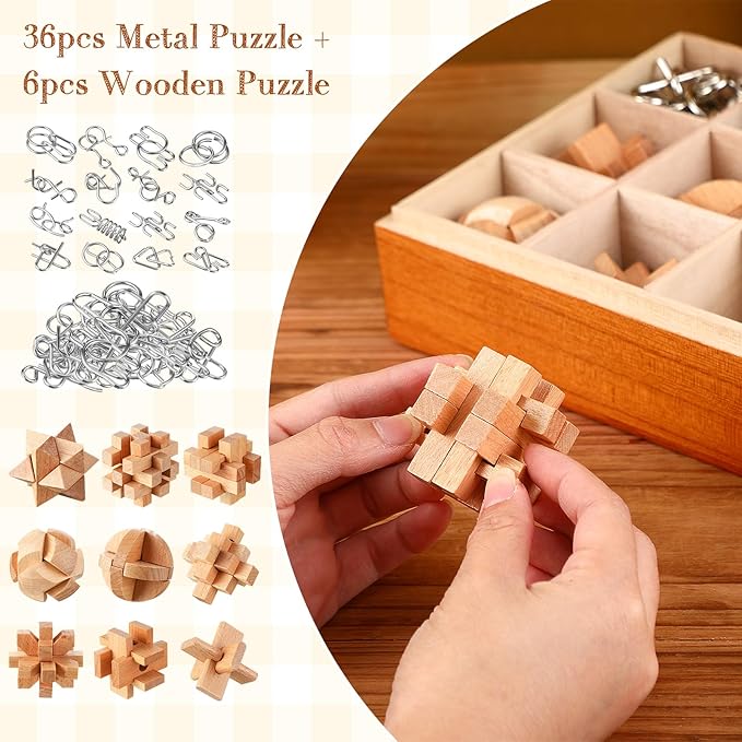 Yilloog 45 Pcs Brain Teasers Metal and Wooden Puzzles for Kids Adults Mind Iq and Logic Test Toys 3D Educational Unlock Interlock Puzzles Box for Family Challenging Games