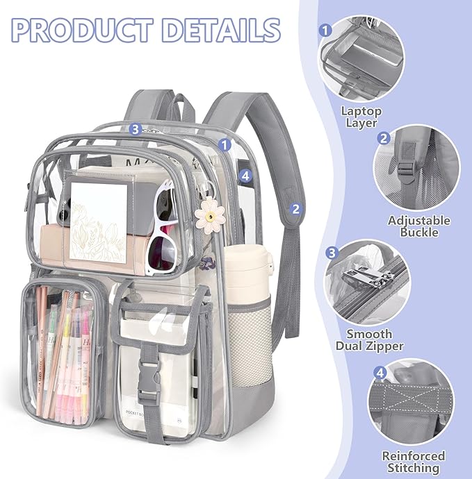 Attmu Gray Clear Backpack, Heavy Duty PVC Clear Bag for Stadium Events, Transparent Backpack with Reinforced Straps & Stitches for Girls Boys, Large Capacity Bookbag for School, Travel, College, Work