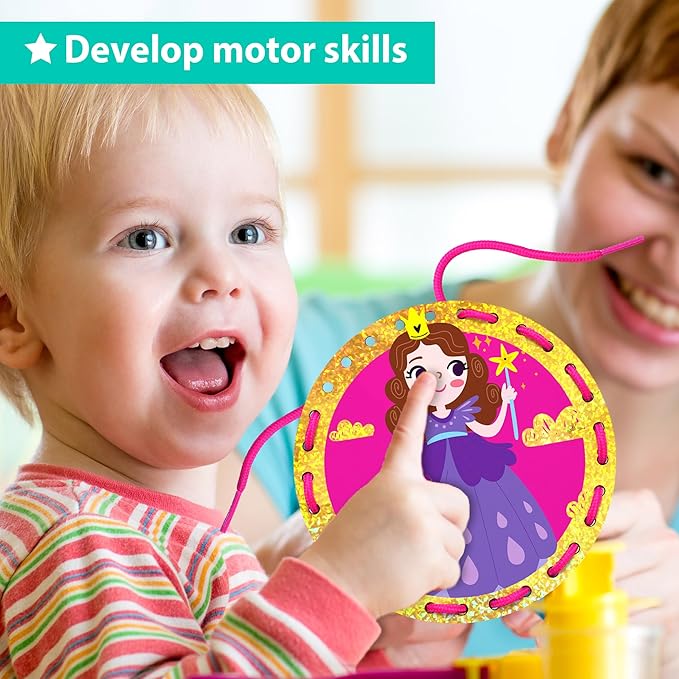 EZCRA Lacing Cards for Kids Ages 3-5 - 5 Pcs Princess and Unicorn Theme with Colorful Laces - Craft Kit for Kids DIY Activity Set - Fine Motor Skills Toys and Preschool Learning Activities