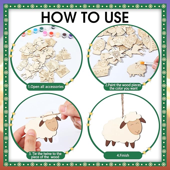 60 Pcs Wood Christmas Crafts for Kids DIY Paint Xmas Ornaments Blank Unfinished Wooden Cutouts Shapes Slices Hanging Embellishment for Christmas Tree Holiday Party Decor(Jesus Nativity)