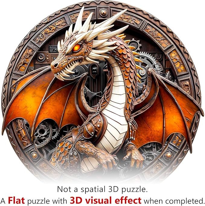 Wooden Puzzles for Adults 200 Pices, Dragon 3D Puzzles for Adults, Mechanical Dragon Irregular Jigsaw Puzzles, Flat Puzzels with 3D Visual Effect, Finished Puzzle Size is 11.4 x 11.4in