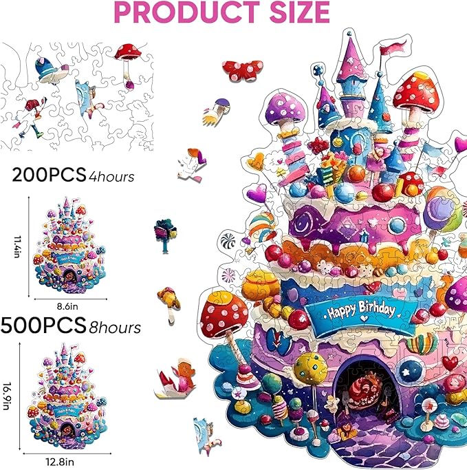 Wooden Puzzles for Adults, Birthday Cake Castle Puzzles 192 Pieces, Unique Shaped Mushroom Jigsaw Puzzles for Adults and Kids, Birthday Gifts Fun Challenge Family Game 11.4'' x 8.6''