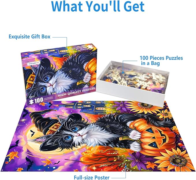 100 Piece Puzzles for Kids, Halloween Cat 100 Piece Puzzles for Adults, Cute Kitten Halloween 100 Pieces Puzzle for Kids Ages 4-8, Jigsaw Puzzle for Seniors Teens Brain Teaser