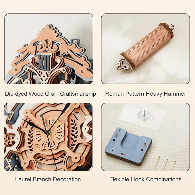 ROKR 3D Puzzles for Adults Vintage Wooden Pendulum Clock Kits 12", Mechanical Building Model Kits DIY Wall Clock Hobbies for Adults Home Decor Gifts for Teens