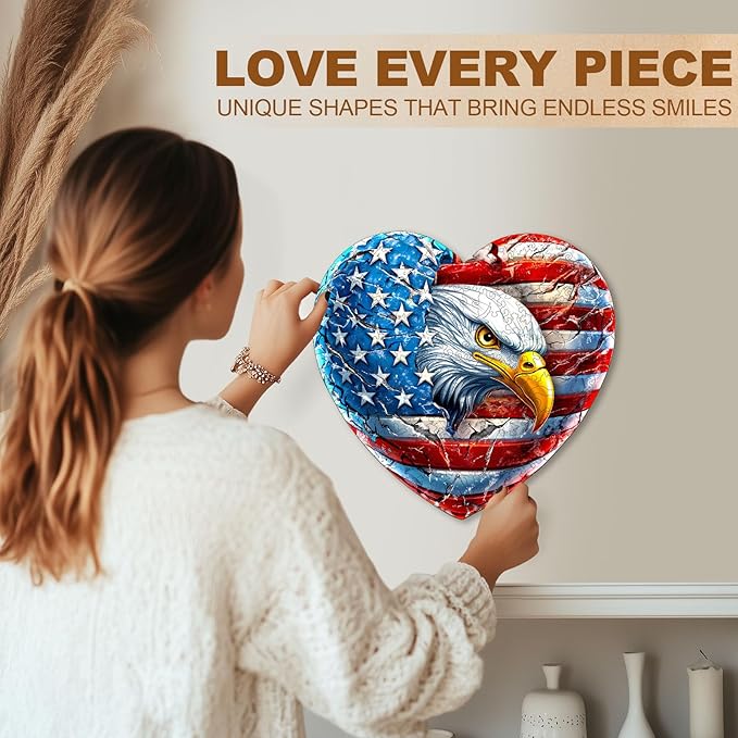 Wooden Puzzles for Adults, Patriotic Eagle Wooden Jigsaw Puzzle Unique Shape Animal Wood Puzzles Adult 3D Visual Effect, Birthday Gifts for Puzzle Lovers Family Games (M-11.4 * 10.9in-180pcs)