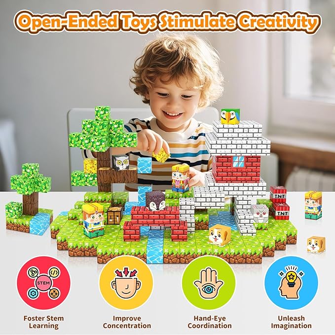 Magnetic Blocks with Forest Animals Toys, Build Mine Magnet World Set, Magnetic Tiles Building for Boys & Girls Age 4-8 5-7, STEM Montessori Sensory Toys for Toddlers Kids Gifts for 3+ Years Old