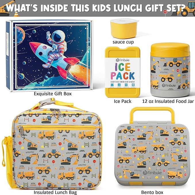 Fimibuke Bento Lunch Box for Kids with Thermos, 3-Compartment 32OZ Snack Lunch Container, Lunch Bag, 12OZ Insulated Food Jar & Ice Pack Set for Age 3-12 School Daycare Toddler Teen Girls Boys, Trucks