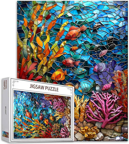 1000 Piece Jigsaw Puzzles for Adults Stained Glass Ocean Painting Jigsaw Puzzle Underwater World 1000 Pieces Puzzles Game Colorful Glass Coral Fish Wall Decor DIY Craft Puzzle Sea Ocean Landscape Art