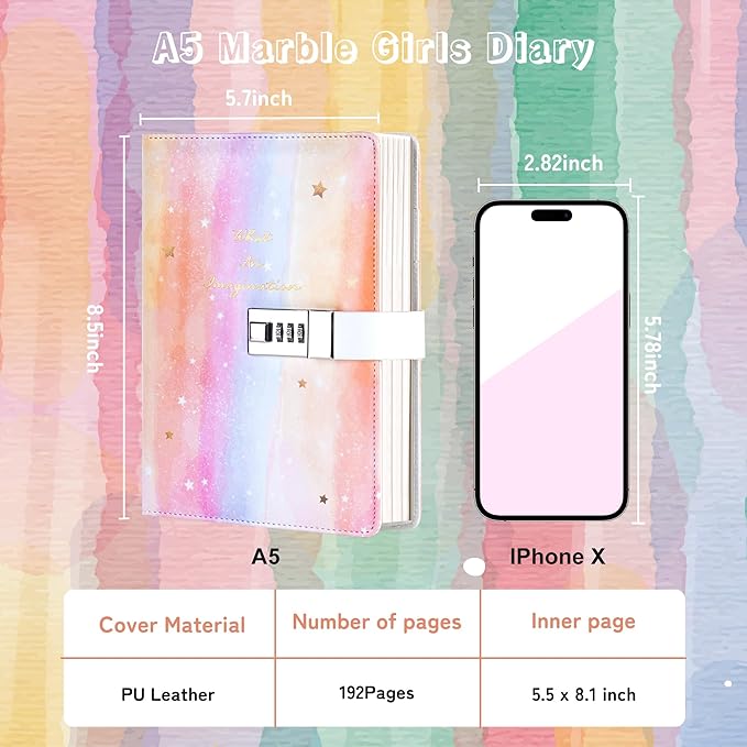 CAGIE Diary with Lock for Girls Age 8 9 10 11 12, Light Rainbow Journal with Lock for Teens Girl Birthday Gifts, 5.7 x 8.5 Inch Kids Journal with Pen 192 Pages journaing Notebook