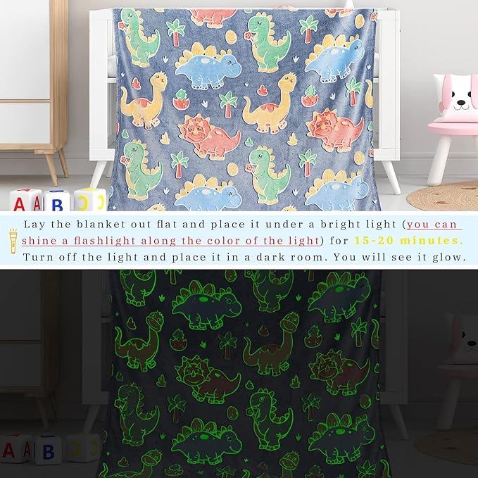 Cute Kids Blanket Glow in The Dark Dinosaur for Boys Flannel Glowing Bed Sofa Couch Soft Warm Blankets Christmas Birthday Gifts Teen 40"x50"