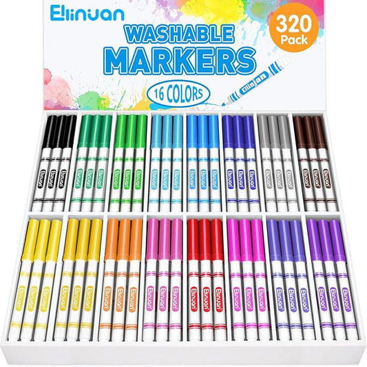 320 Count Washable Markers Bulk, 16 Assorted Colors, Colored Thin Marker with Conical Tip, Washable Markers for Kids, Bulk Marker for Classroom, School Art Supplies for Students Teachers