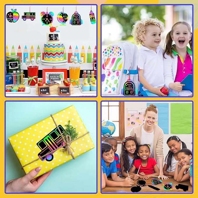 JULMELON 36 PCS Welcome Back to School Scratch Art for Kids, Rainbow Magic Paper Cards, First Day Gifts for Students, Classroom DIY Crafts Party Favors
