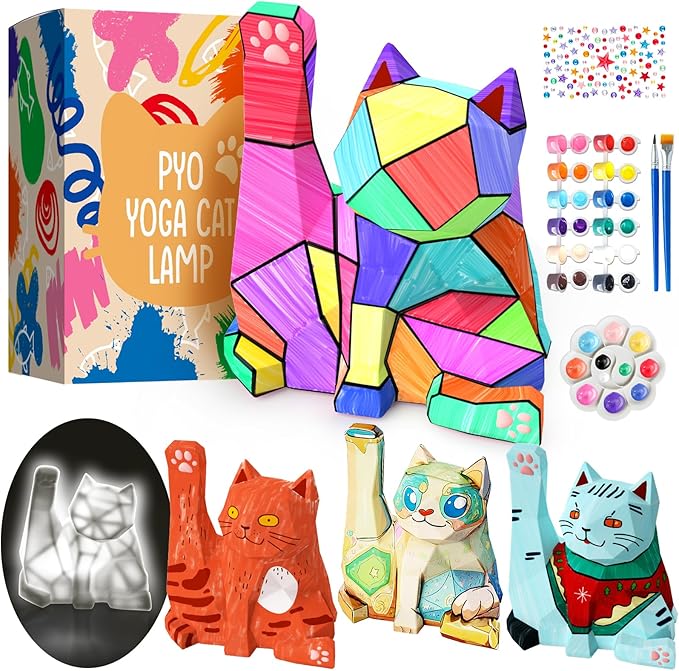 Paint Your Own Yoga Cat Lamp Kit, DIY Cat Crafts Night Light, Arts & Crafts for Kids Age 8-12, Art Supplies Painting Kit, Birthday Easter Party Holiday Gift for Teens Girls Boys Age 3 4 5 6 7 8+