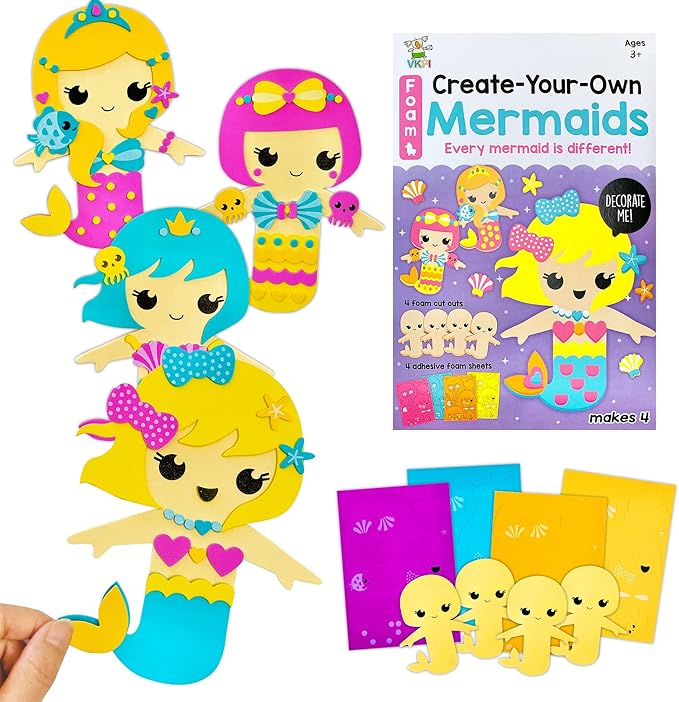 VKPI 4 Pieces EVA Foam Art Crafts Gift Kit, Creative Make Your Own Mermaids, Cartoon Foam Paper Craft Projects for Kids Ages 4+ Toddler, Preschool Learning Toy for Birthday Party Favor Supplies