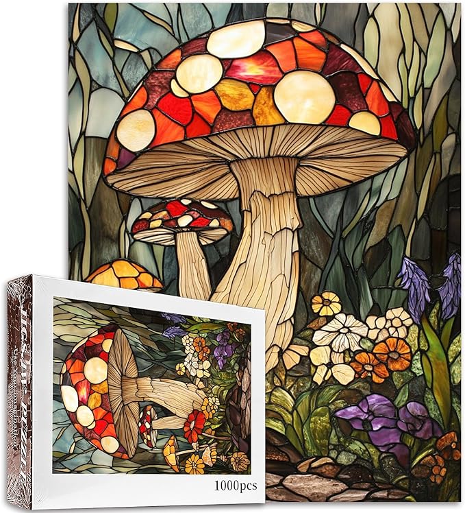 1000 Piece Jigsaw Puzzles for Adults Stained Glass Mushroom Painting Jigsaw Puzzle Mushroom World 1000 Pieces Puzzles Game Colorful Glass Flowers Wall Decor DIY Craft Puzzle Mushrooms Landscape Art