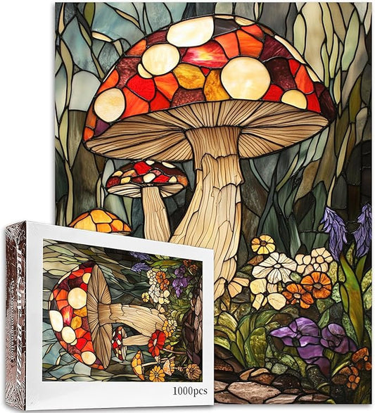1000 Piece Jigsaw Puzzles for Adults Stained Glass Mushroom Painting Jigsaw Puzzle Mushroom World 1000 Pieces Puzzles Game Colorful Glass Flowers Wall Decor DIY Craft Puzzle Mushrooms Landscape Art