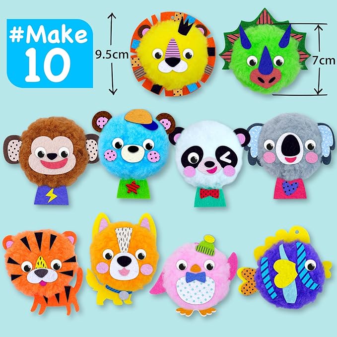 EZCRA Big Pom Pom Animal Craft Kit for Kids Ages 4-6 - DIY Pom Pom Crafts for Girls Boys Toddlers - Make 10 Plush Animals - Mess Free Arts and Crafts Kit