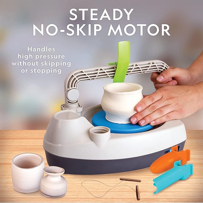 Blue Marble National Geographic Deluxe Pottery Wheel Kit – Complete Starter Pottery Set, Plug-in Motor, 3 lbs. Air Dry Clay, Gemstone Chips, Sculpting Tools, Patented Arm Tool, Paints & More