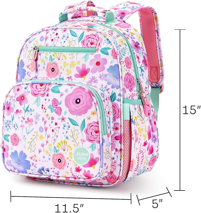 mibasies Kids Backpack for Girls: Girls Backpack 5-8 - Kindergarten Elementary School Bookbag for Girl - Flower Pink Turquoise