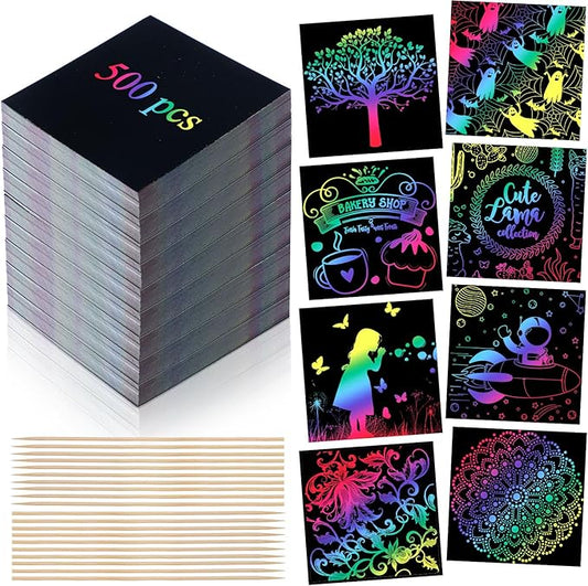 Lenwen 500 Pack Scratch Cards Rainbow Note Scratch Pads with 20 Bamboo Stylus for People Paper DIY Paper Craft Arts Kits Birthday Party Favors Supplies (Rainbow,500)