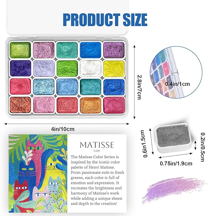 Mini Forestry Shifting Watercolor Painting Set, 20 Color Shifting Watercolor Paint Set, Shimmer Metallic Watercolor Paints Set, Glitter Watercolor Paint, Solid, Matisse Style