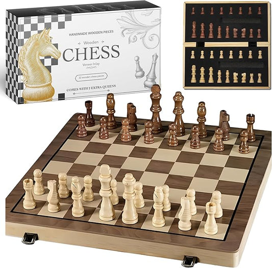 15" Wooden Chess Sets - Board Game with 2 Extra Queens | Wooden Chess Board Set | Chess Sets for Adults & Kids