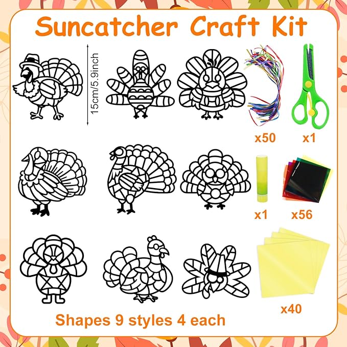 EggSun 36 Sets Fall Turkey Suncatchers Craft Kit for Kids Ornaments Stained Glass Window Arts and Crafts Kit for Thanksgiving Classroom Holiday Projects Home Party Favors Decorations Ages 4 8 12