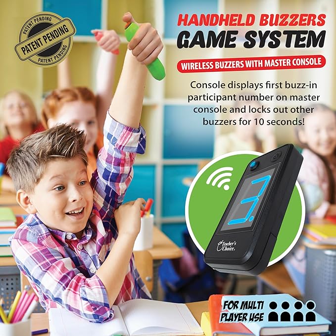 Teacher's Choice 4 Player Wireless Handheld Game Buzzer System - Displays First Buzz-in - Great for Jeopardy, Family Feud, Trivia and Buzzer Games - Console with 4 Joystick Buzzers, 4 Unique Sounds