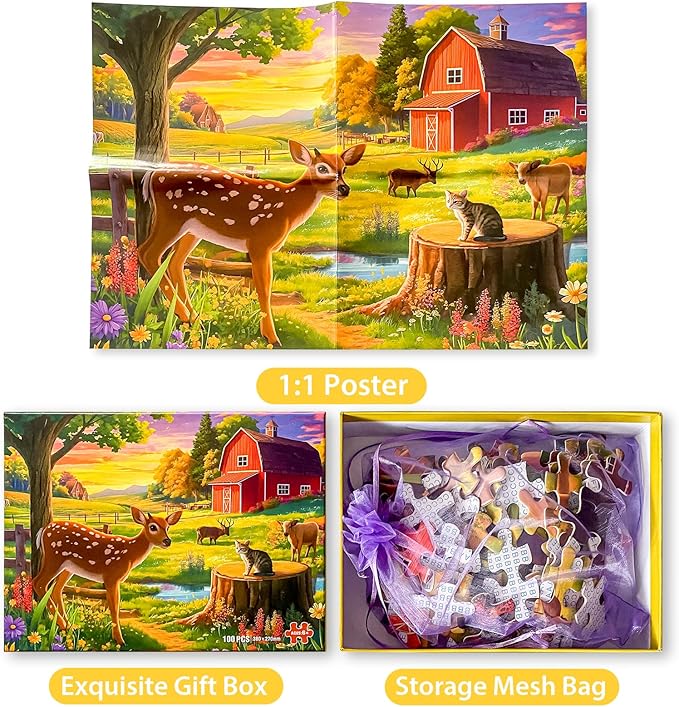 100 Pieces Jigsaw Puzzles for Adults - Deer Cat Puzzles for Kids Ages 4-6 6-8 8-10 10-12 Kids Learning Educational Puzzle Toys for Boys and Girls - Farm Kitten and Cow