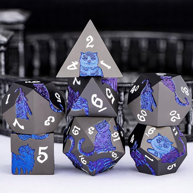 Metal DND Cat Dice 7PCS Polyhedral RPG Dice Set with Gift Case for Dungeons Dragons Role Playing Game, D and D Dice D6 D8 D10 D12 D20 D% (Blue Purple)