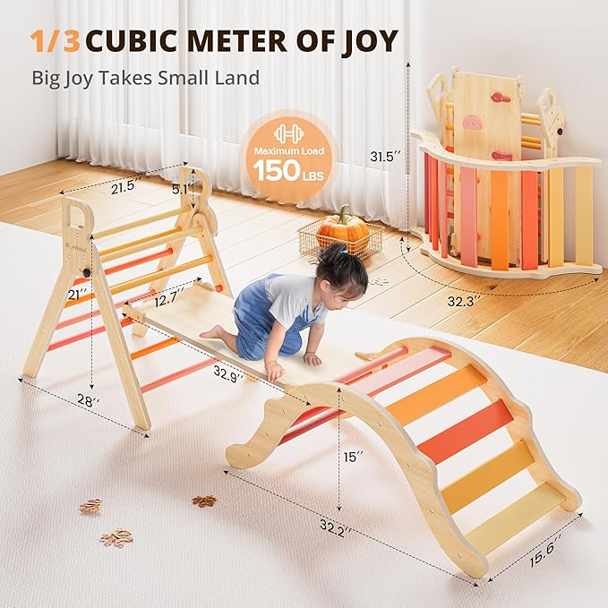 BlueWood Pikler Triangle Set, Toddler Wooden Climbing Toys Indoor 7in1 Foldable Climber for Kids, Montessori Philosophy Play Jungle Gym with Arch, Ramp, Ladder (Farm Charm Autumn)