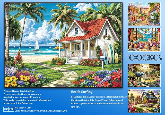 Jigsaw Puzzles for Adults 1000 Piece Puzzle for Adults 1000 Pieces Puzzle 1000 Pieces-Summer Beach Vacation -Surfing, Coconut Trees, Wooden Houses
