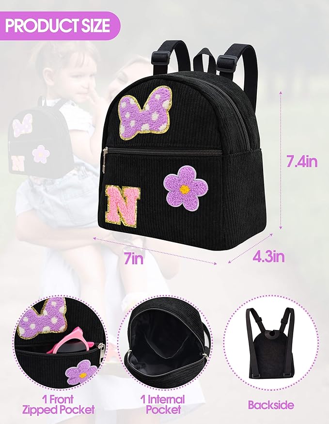 2 3 4 5 6 Year Old Girl Gifts Chenille Initial Mouse Bow Mini Backpack, Corduroy Toddler Backpacks Christmas Birthday Gifts for Girls 2-4 5-6, Black Mini Diaper Bag Must Haves for Park Travel Letter N