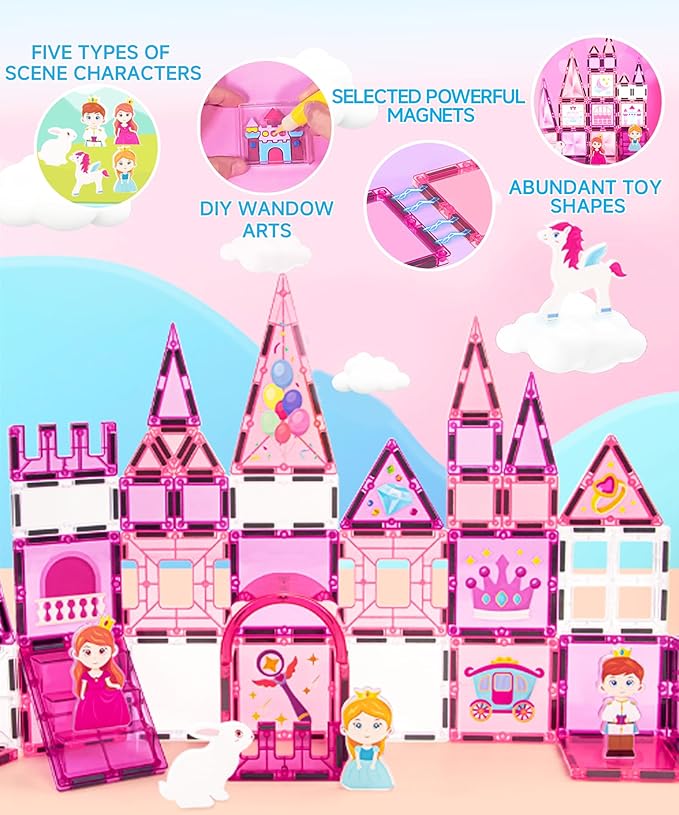 Magnetic Tiles 50 Pcs Princess Theme Set Magnets Building Blocks with Princess Castle Toys DIY Painting Set and 5 character figures for Kids Ages 4-8 toddlers STEM Birthday Gifts for Girls Boy