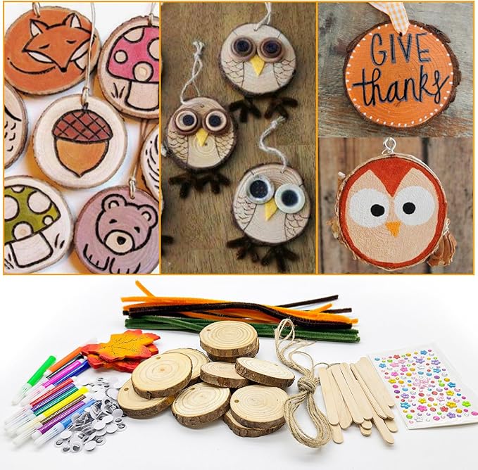 24 Set Fall Wooden Painting Crafts Kit,Unfinished Wood Slices with Holes Round Log DIY Crafts Hanging Ornaments Thanksgiving Fall Pumpkin Painting Kits Bulk for Classroom Activity DIY Art Projects