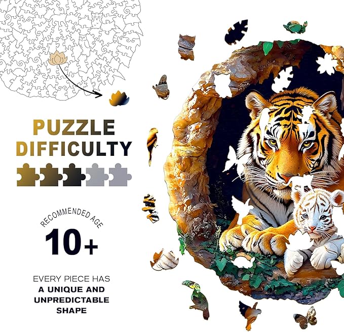 Wooden Puzzles for Adults - Unique Animal Shaped Tiger Family Puzzle, 3D Vision Wooden Jigsaw Puzzle, Christmas Birthday Gifts for Friends/Family, Home Decor 8.5 * 8.5in 100pcs